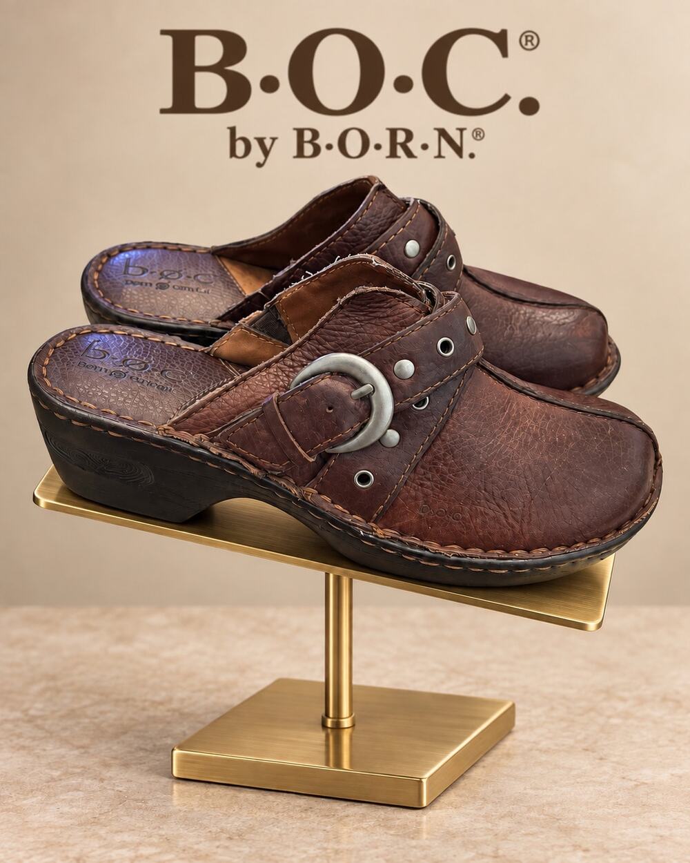 b.ø.c. Born Concept BC6650 Brown Leather Buckle Clogs Women’s 6